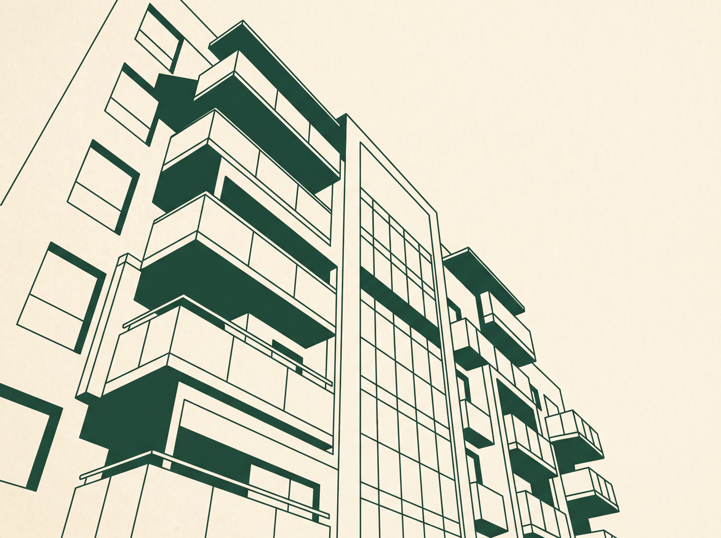 Editorial line illustration of a UK residential apartment block, representing shared building ownership