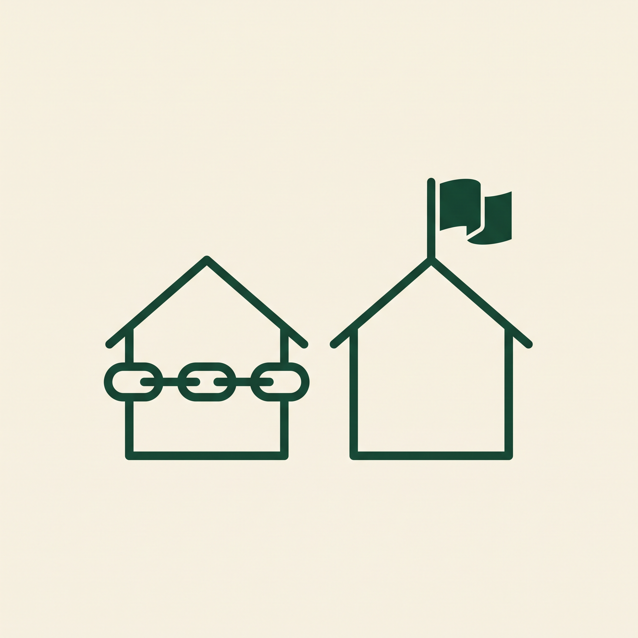 Illustration comparing a house bound in chains to a house flying a flag, representing leasehold versus commonhold ownership
